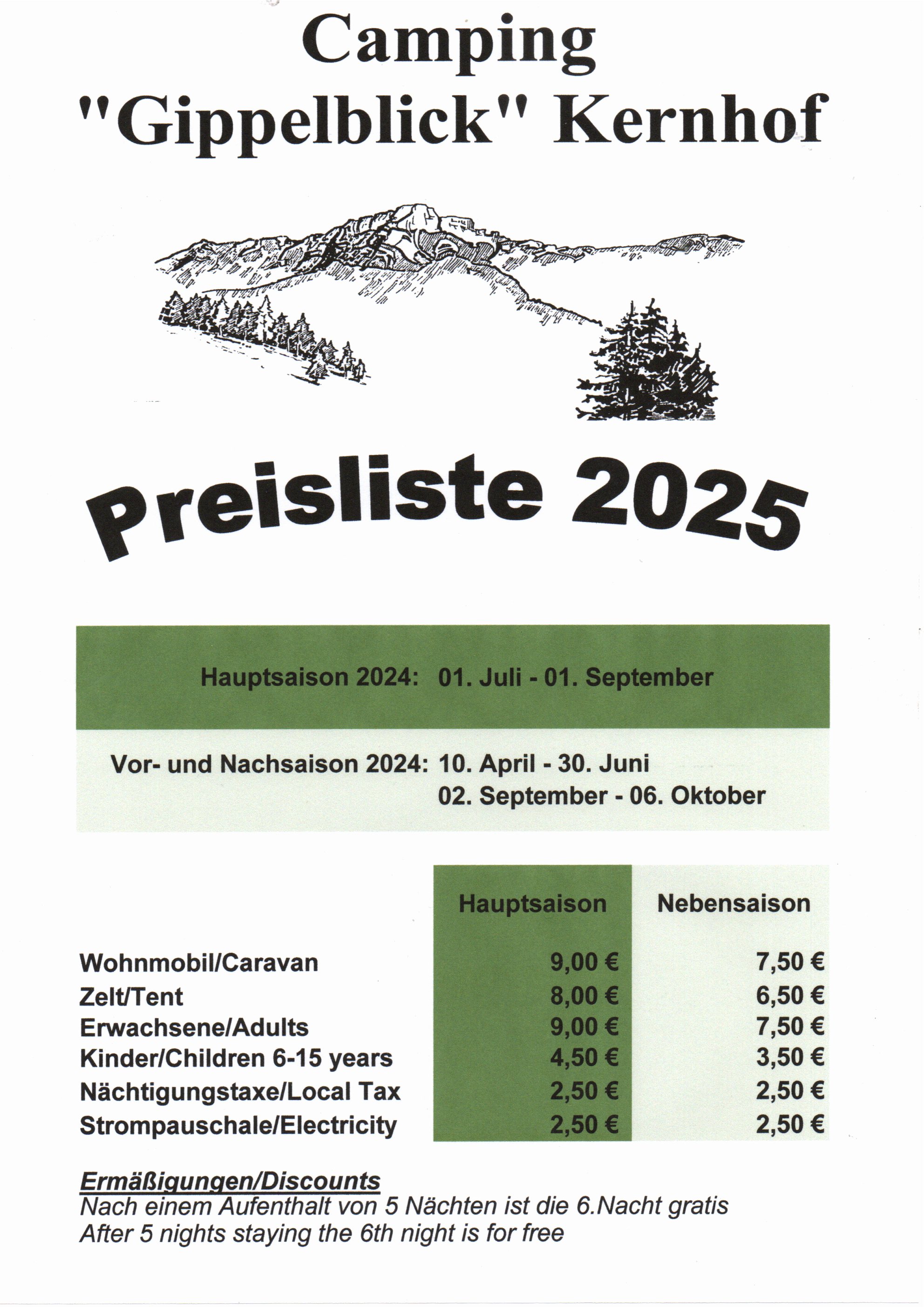 Preisliste Feriencamping 2025